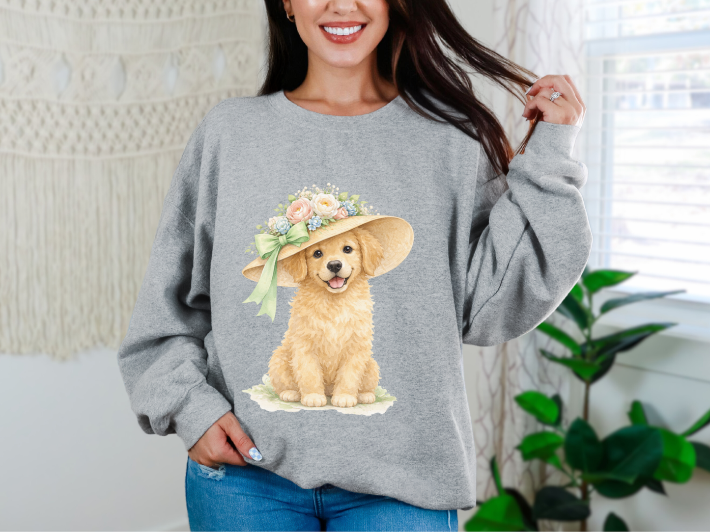 Floral Sun Hat Golden Retriever Dog Sweatshirt | Cottagecore Southern Garden Tea Party Graphic Shirt