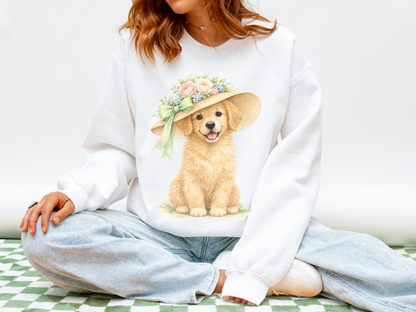 Floral Sun Hat Golden Retriever Dog Sweatshirt | Cottagecore Southern Garden Tea Party Graphic Shirt
