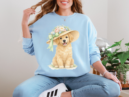 Floral Sun Hat Golden Retriever Dog Sweatshirt | Cottagecore Southern Garden Tea Party Graphic Shirt