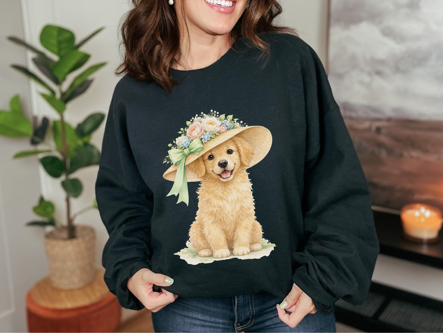 Floral Sun Hat Golden Retriever Dog Sweatshirt | Cottagecore Southern Garden Tea Party Graphic Shirt