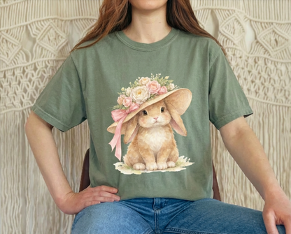 Floral Sun Hat Bunny Shirt | Cottagecore Southern Garden Tea Party Graphic Tee