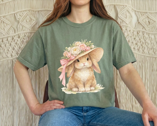 Floral Sun Hat Bunny Shirt | Cottagecore Southern Garden Tea Party Graphic Tee
