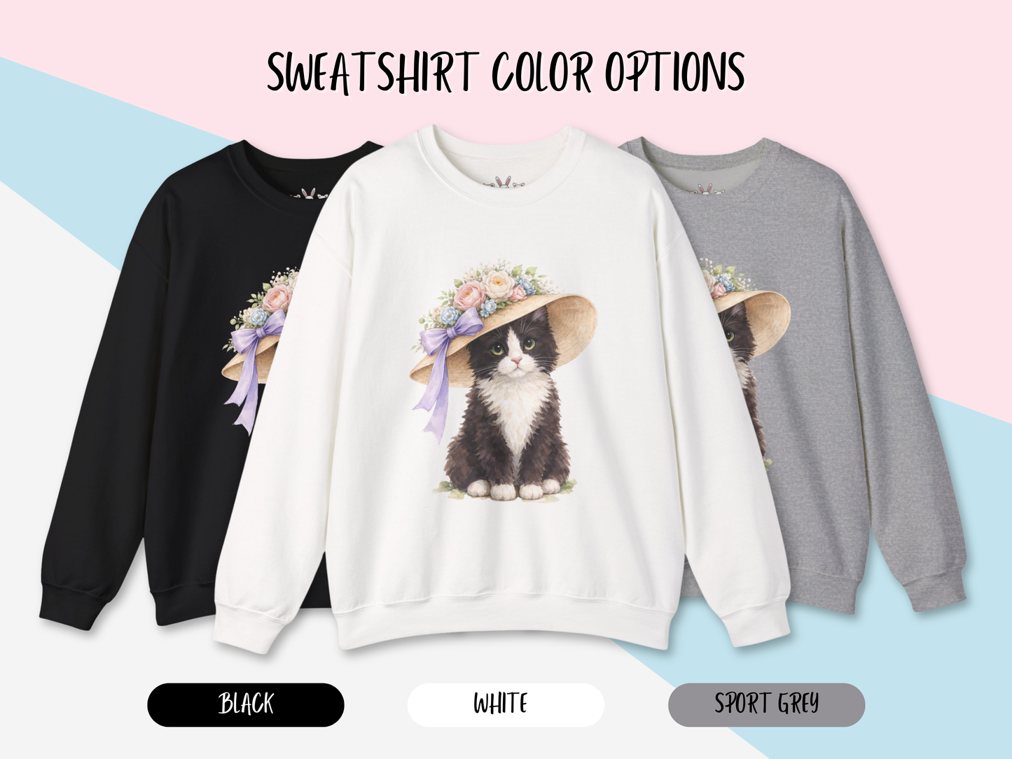 Floral Sun Hat Tuxedo Cat Sweatshirt | Cottagecore Southern Garden Tea Party Graphic Shirt