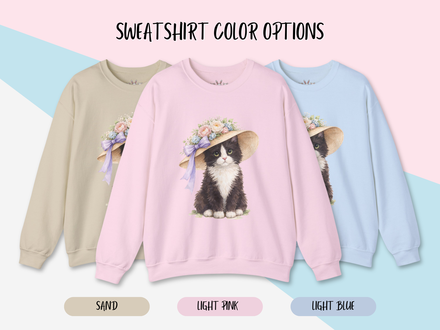 Floral Sun Hat Tuxedo Cat Sweatshirt | Cottagecore Southern Garden Tea Party Graphic Shirt