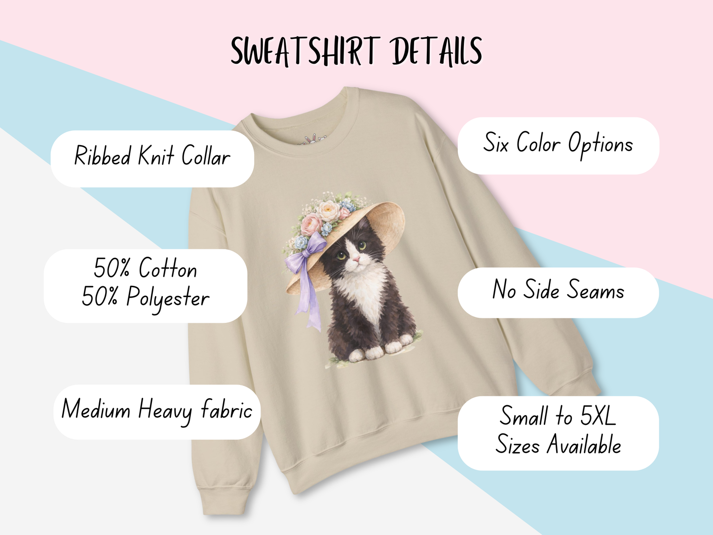 Floral Sun Hat Tuxedo Cat Sweatshirt | Cottagecore Southern Garden Tea Party Graphic Shirt