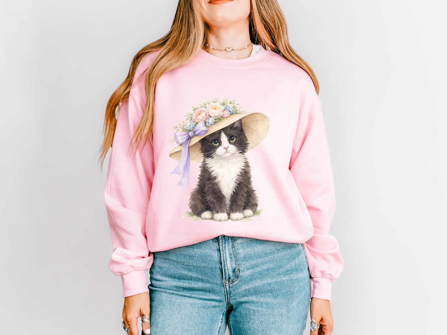 Floral Sun Hat Tuxedo Cat Sweatshirt | Cottagecore Southern Garden Tea Party Graphic Shirt