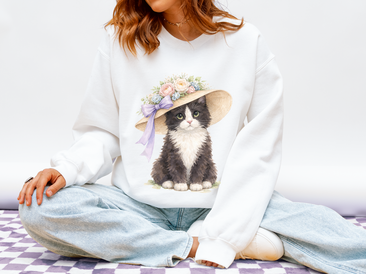 Floral Sun Hat Tuxedo Cat Sweatshirt | Cottagecore Southern Garden Tea Party Graphic Shirt