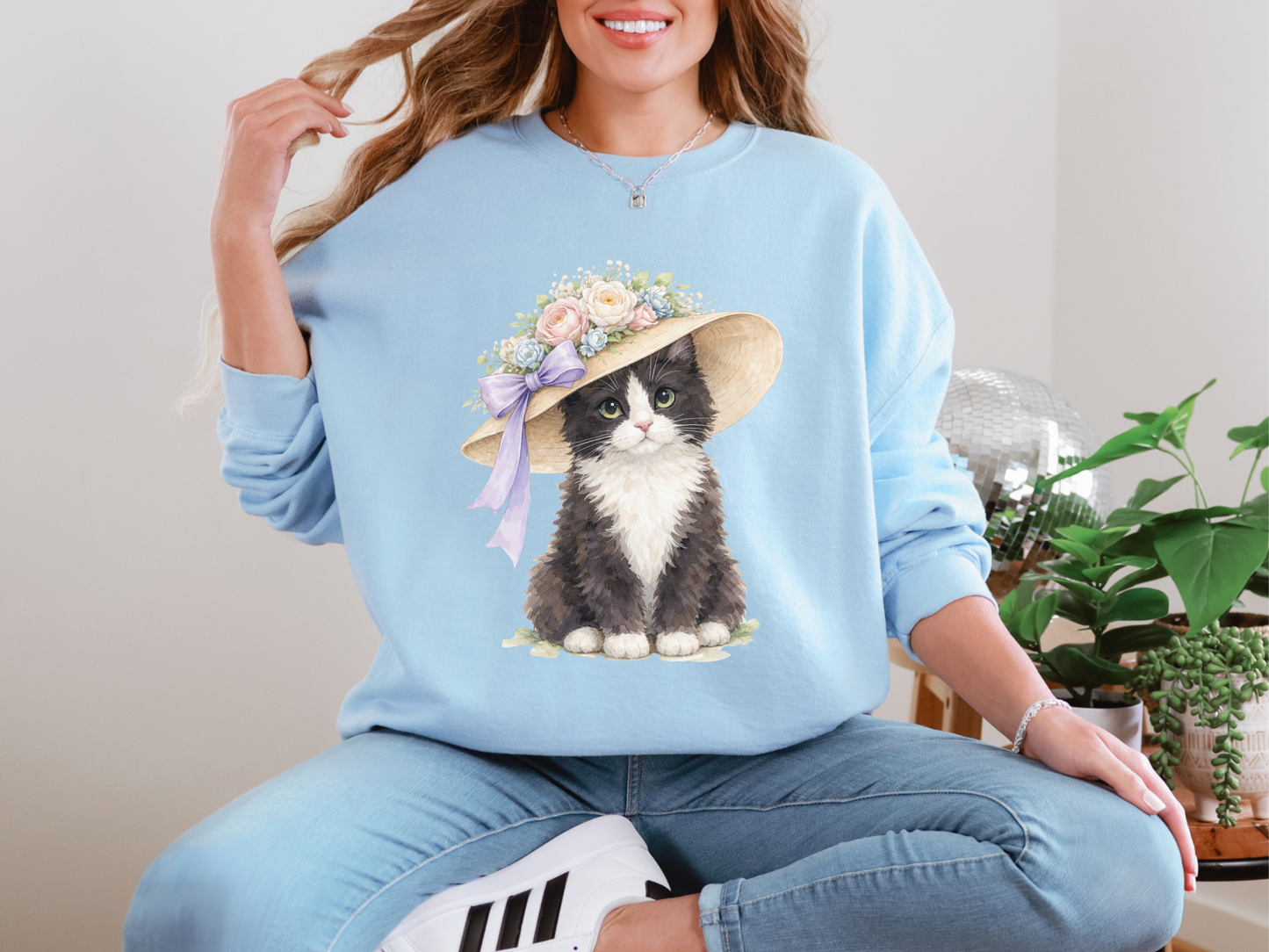 Floral Sun Hat Tuxedo Cat Sweatshirt | Cottagecore Southern Garden Tea Party Graphic Shirt