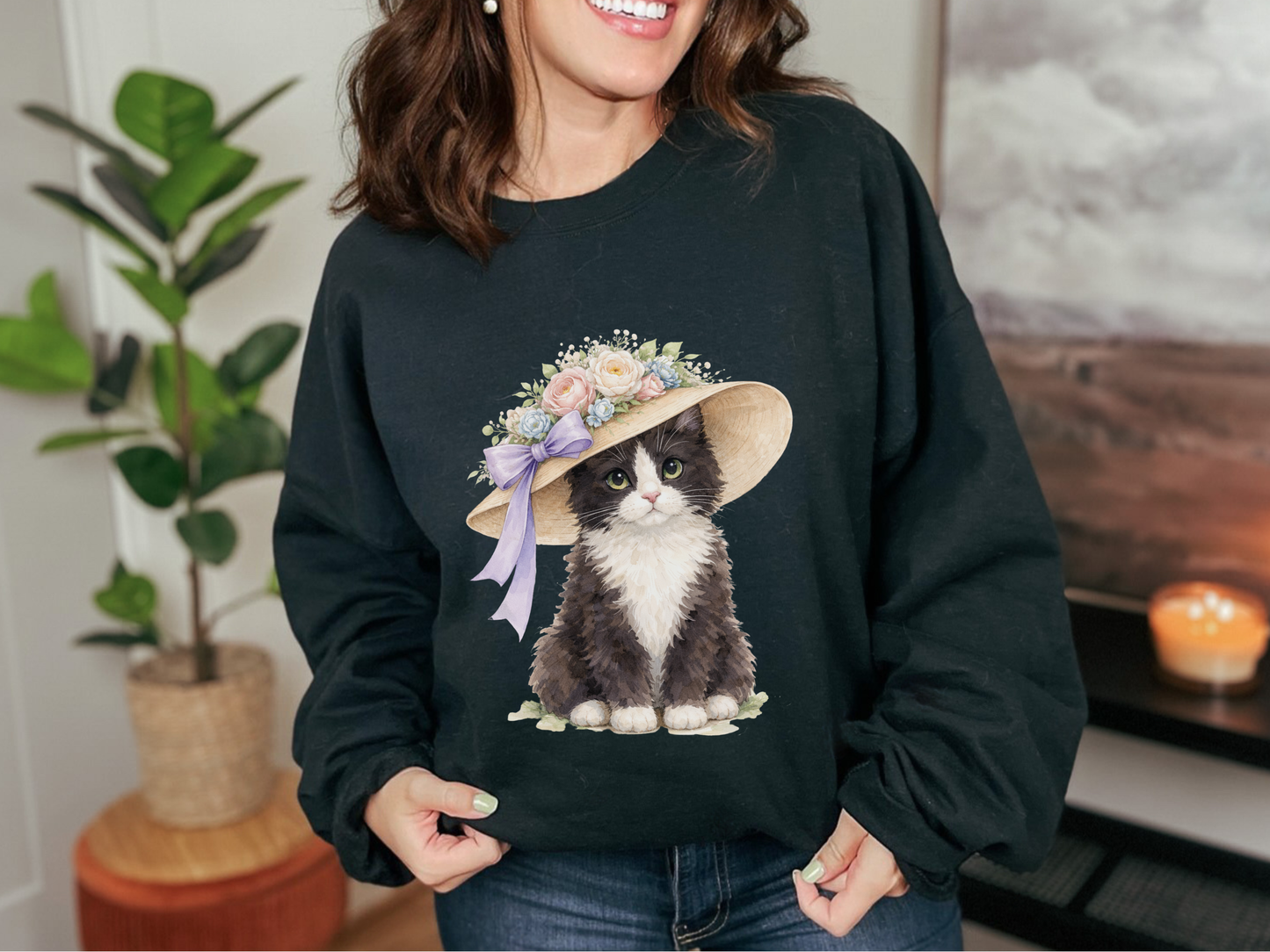 Floral Sun Hat Tuxedo Cat Sweatshirt | Cottagecore Southern Garden Tea Party Graphic Shirt