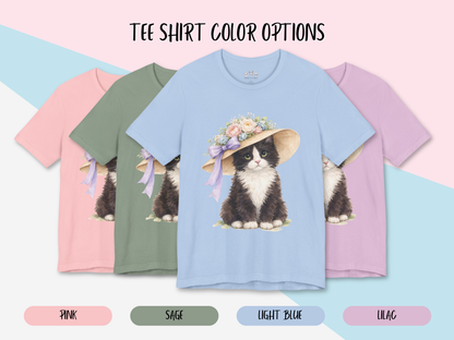 Floral Sun Hat Tuxedo Cat Shirt | Cottagecore Southern Garden Tea Party Graphic Tee