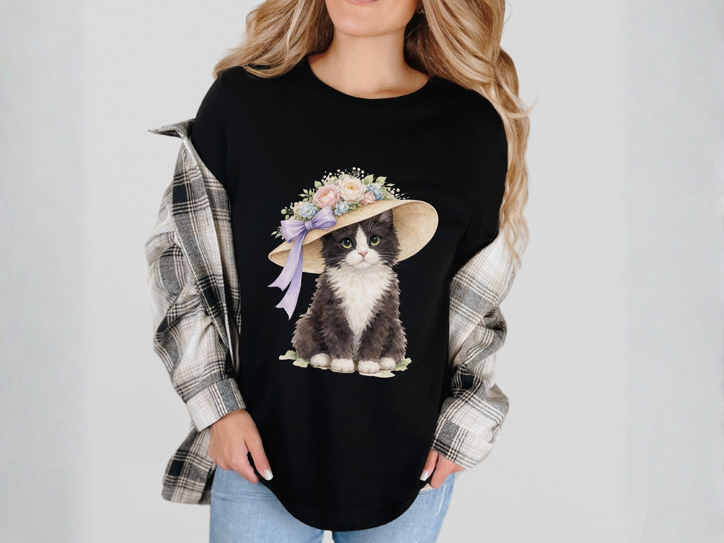 Floral Sun Hat Tuxedo Cat Shirt | Cottagecore Southern Garden Tea Party Graphic Tee