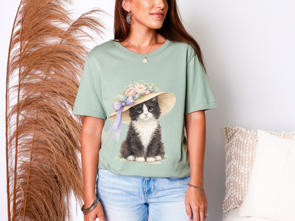 Floral Sun Hat Tuxedo Cat Shirt | Cottagecore Southern Garden Tea Party Graphic Tee