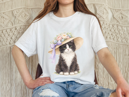 Floral Sun Hat Tuxedo Cat Shirt | Cottagecore Southern Garden Tea Party Graphic Tee