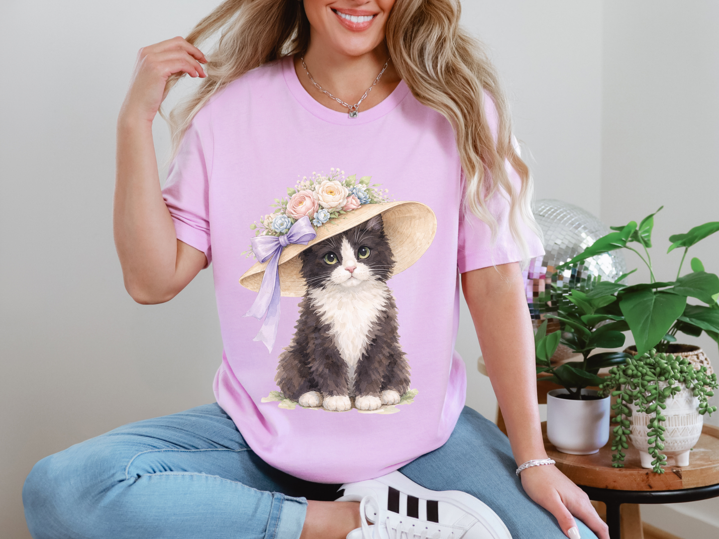 Floral Sun Hat Tuxedo Cat Shirt | Cottagecore Southern Garden Tea Party Graphic Tee