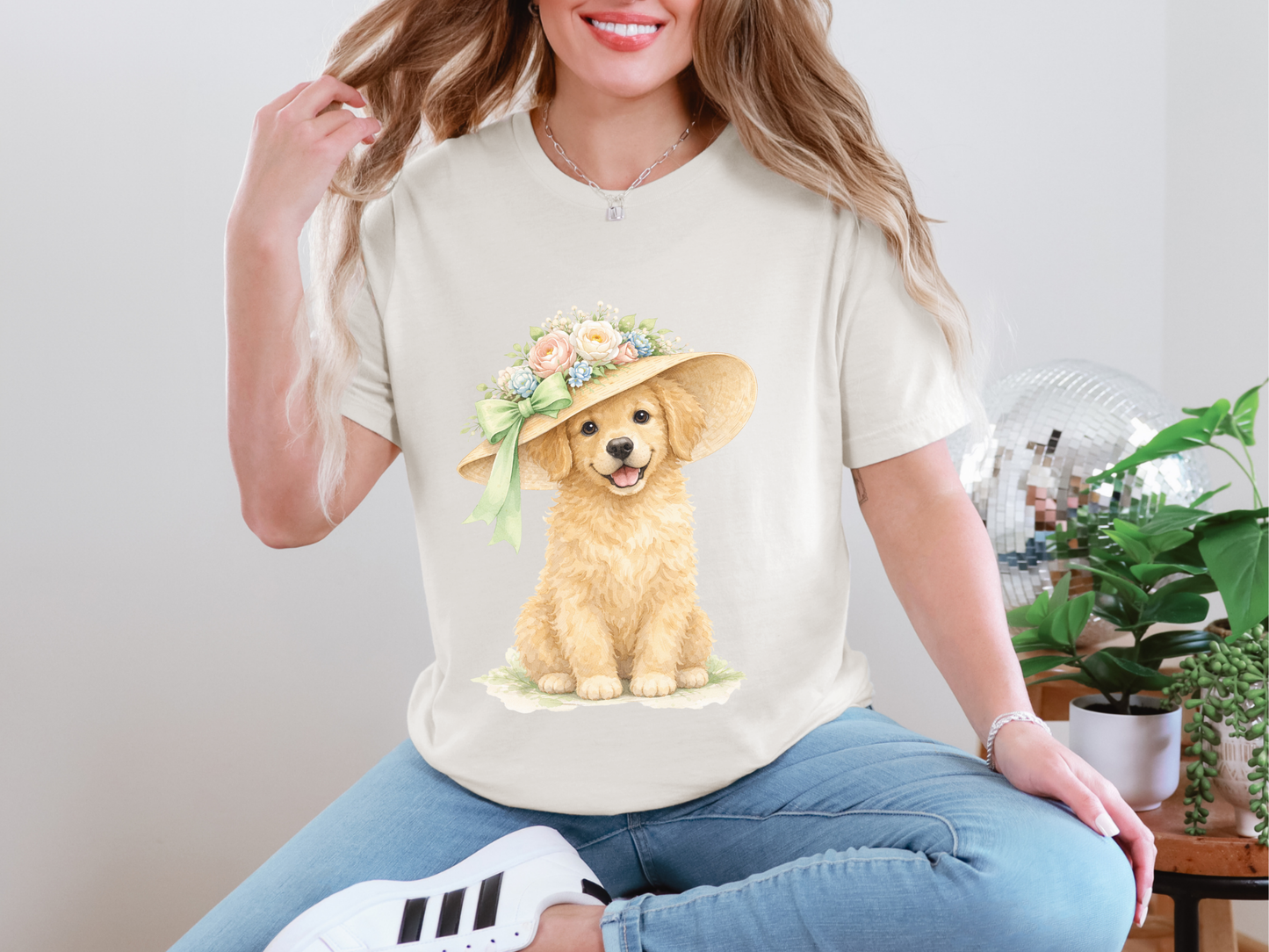 Floral Sun Hat Golden Retriever Dog Shirt | Cottagecore Southern Garden Tea Party Graphic Tee