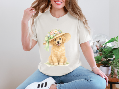 Floral Sun Hat Golden Retriever Dog Shirt | Cottagecore Southern Garden Tea Party Graphic Tee