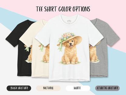 Floral Sun Hat Golden Retriever Dog Shirt | Cottagecore Southern Garden Tea Party Graphic Tee