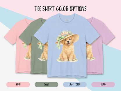 Floral Sun Hat Golden Retriever Dog Shirt | Cottagecore Southern Garden Tea Party Graphic Tee