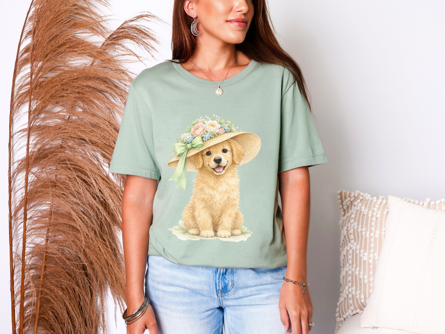 Floral Sun Hat Golden Retriever Dog Shirt | Cottagecore Southern Garden Tea Party Graphic Tee