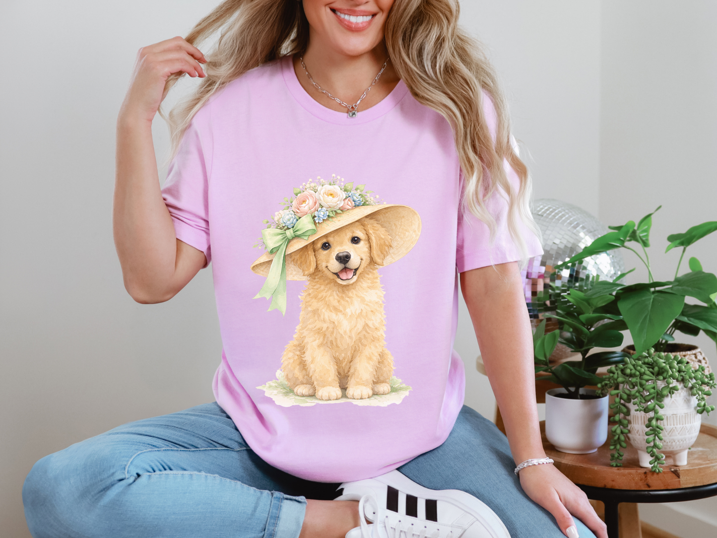 Floral Sun Hat Golden Retriever Dog Shirt | Cottagecore Southern Garden Tea Party Graphic Tee