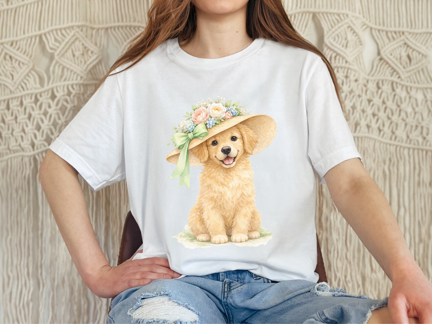 Floral Sun Hat Golden Retriever Dog Shirt | Cottagecore Southern Garden Tea Party Graphic Tee