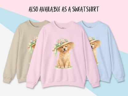 Floral Sun Hat Golden Retriever Dog Shirt | Cottagecore Southern Garden Tea Party Graphic Tee