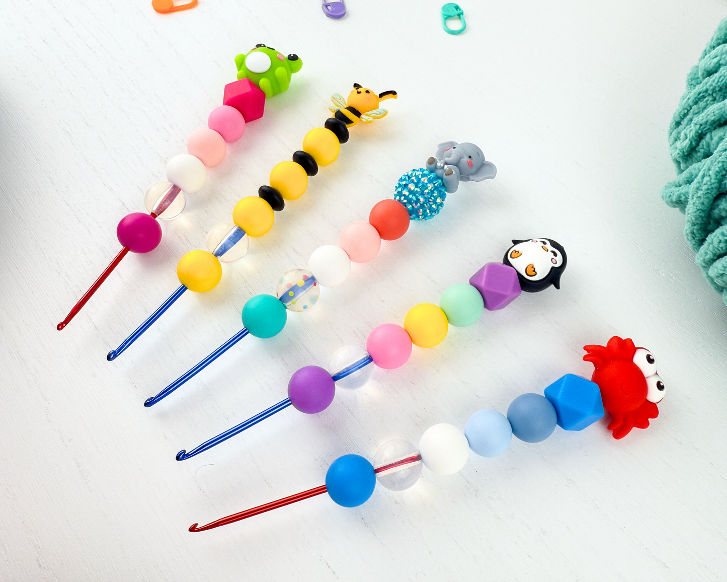 Custom Crochet Hook | Silicone Beaded Handle with Kawaii Animal 3D Charm Topper