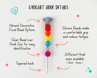 Custom Crochet Hook | Silicone Beaded Handle with Kawaii Animal 3D Charm Topper
