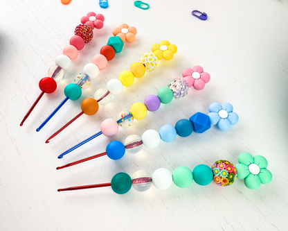 Custom Crochet Hook | Silicone Beaded Handle with Flower Daisy Charm Topper