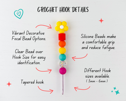 Custom Crochet Hook | Silicone Beaded Handle with Flower Daisy Charm Topper