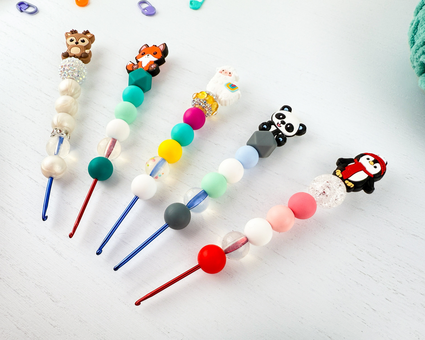 Custom Crochet Hook | Silicone Beaded Handle with Kawaii Animal Charm Topper