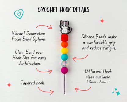 Custom Crochet Hook | Silicone Beaded Handle with Kawaii Cat Charm Topper