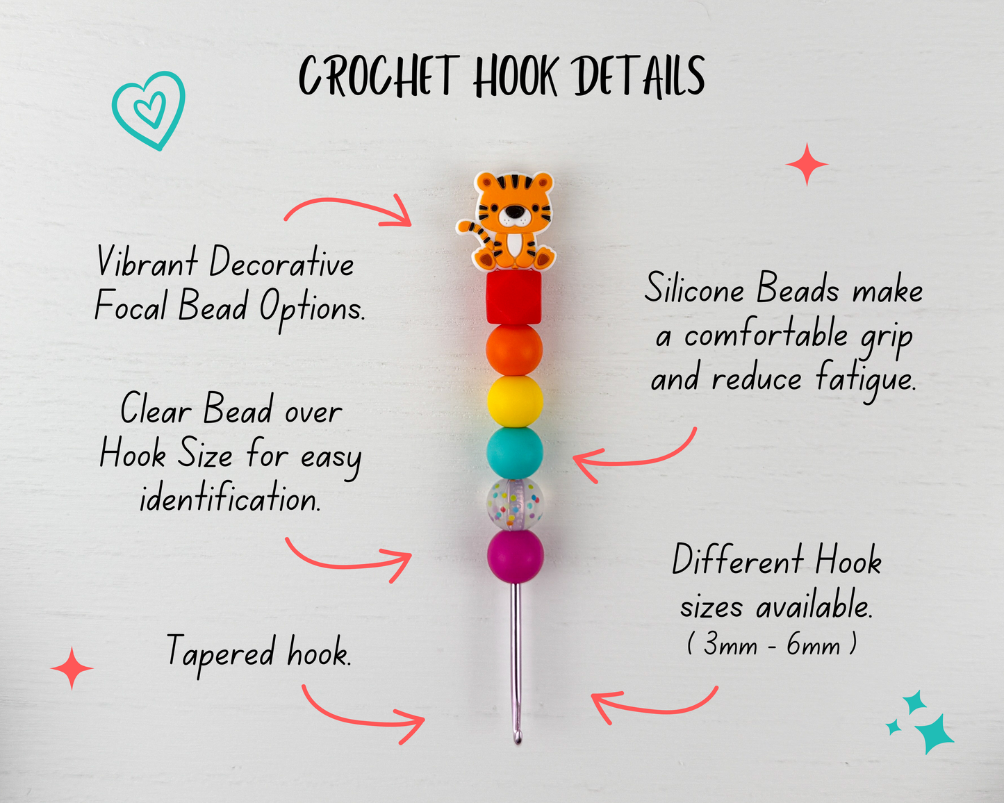 Custom Crochet Hook | Silicone Beaded Handle with Zoo Animal Charm Topper