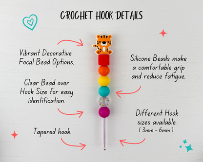 Custom Crochet Hook | Silicone Beaded Handle with Zoo Animal Charm Topper