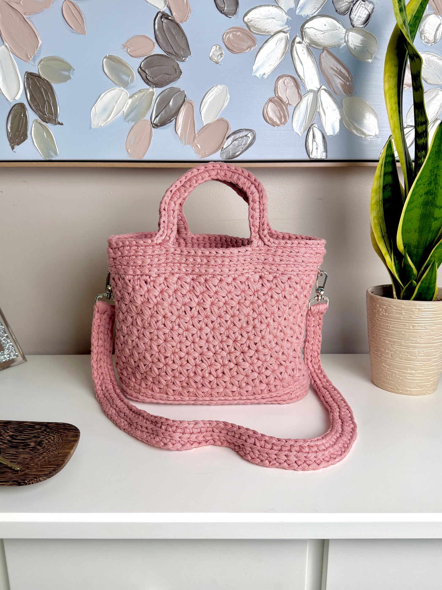 Handmade Crochet Purse with Floral Lining | Jasmine Stitch Cotton Bag with Leather Base
