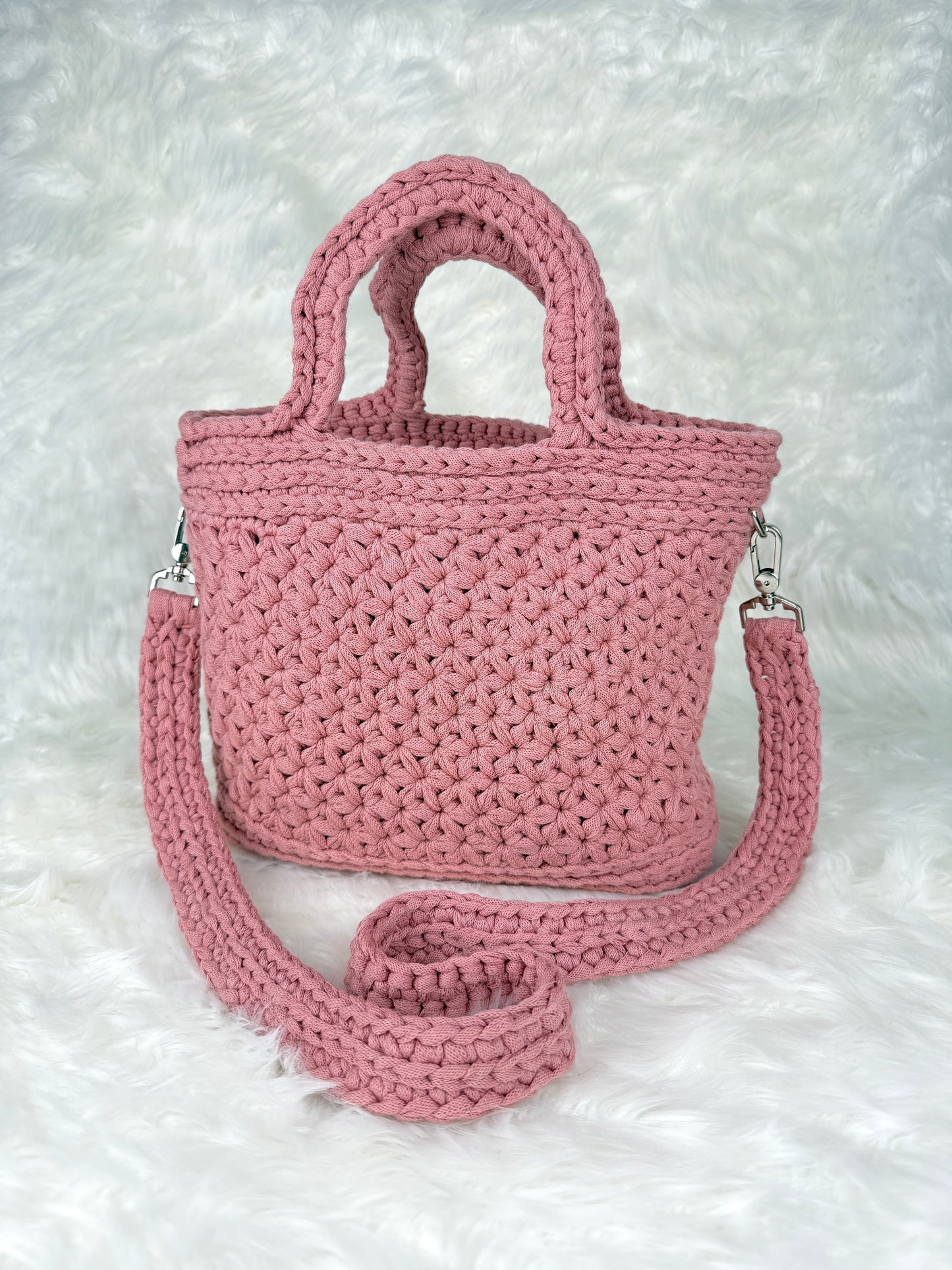 Handmade Crochet Purse with Floral Lining | Jasmine Stitch Cotton Bag with Leather Base