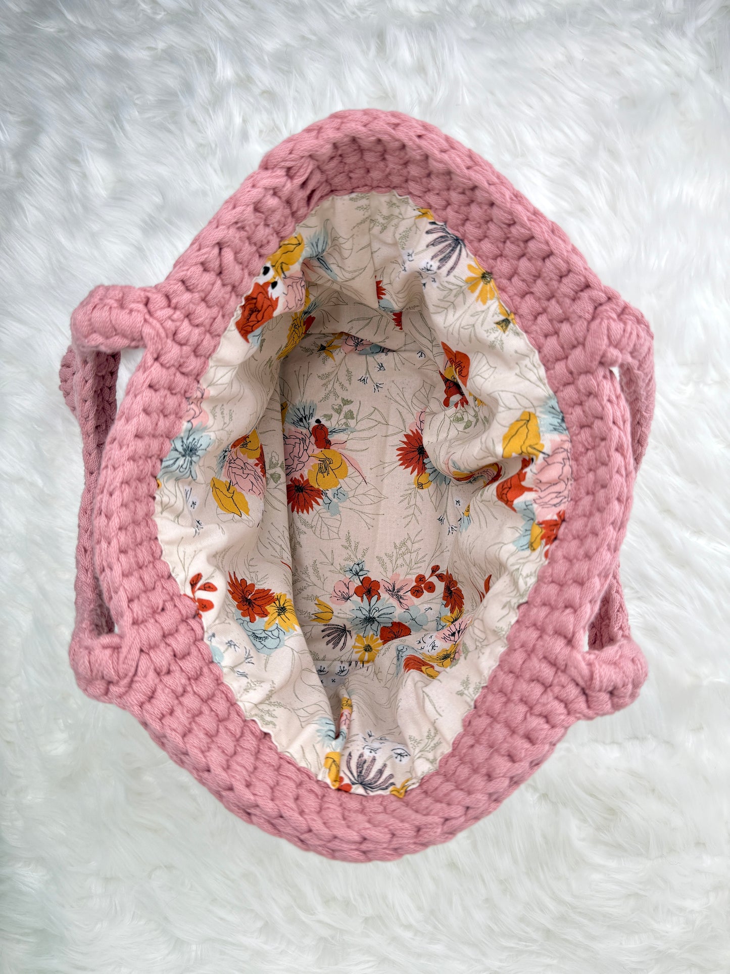Handmade Crochet Purse with Floral Lining | Jasmine Stitch Cotton Bag with Leather Base