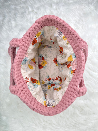 Handmade Crochet Purse with Floral Lining | Jasmine Stitch Cotton Bag with Leather Base