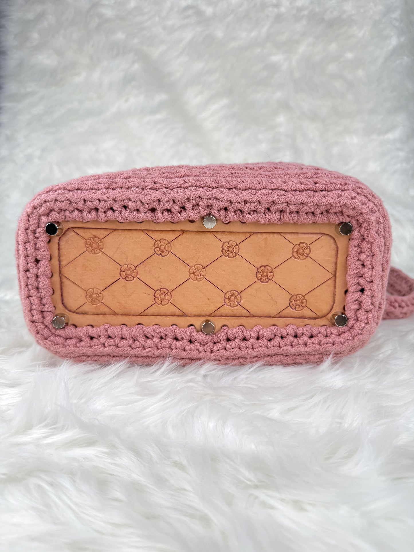Handmade Crochet Purse with Floral Lining | Jasmine Stitch Cotton Bag with Leather Base