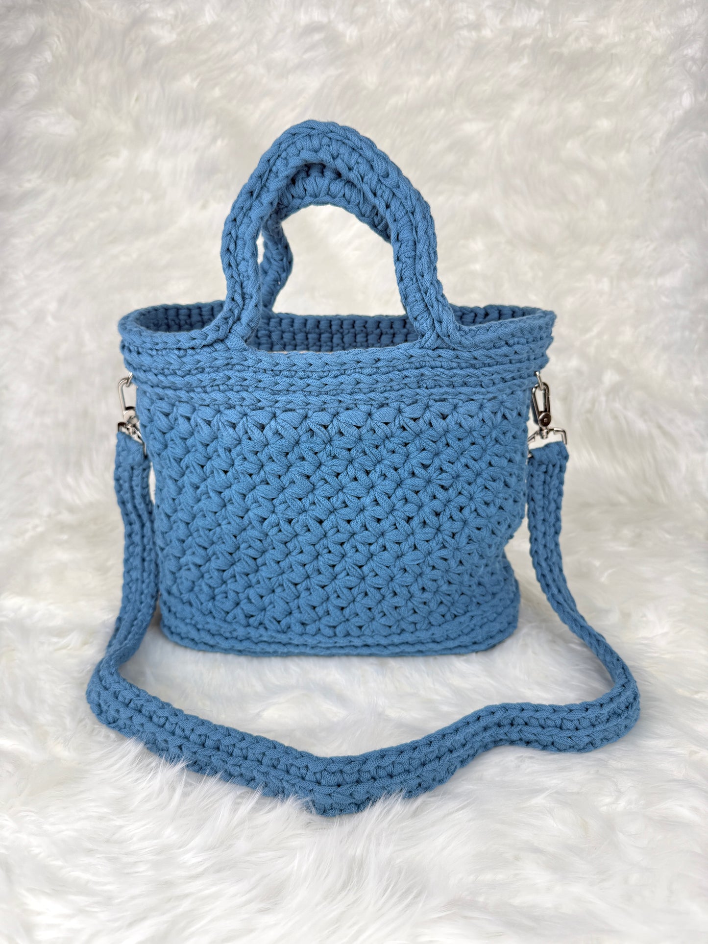 Handmade Crochet Purse with Floral Lining | Jasmine Stitch Cotton Bag with Leather Base
