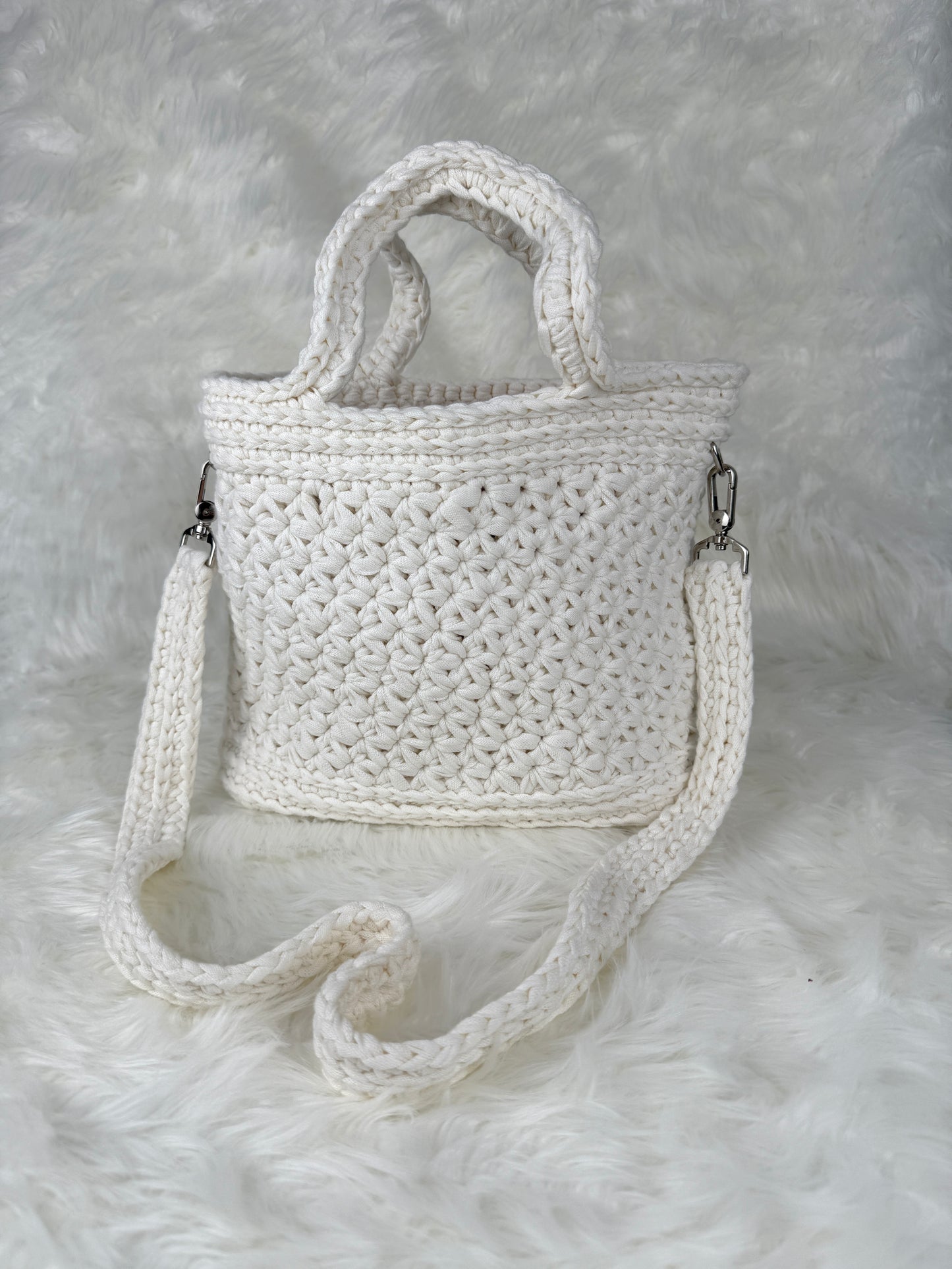 Handmade Crochet Purse with Floral Lining | Jasmine Stitch Cotton Bag with Leather Base