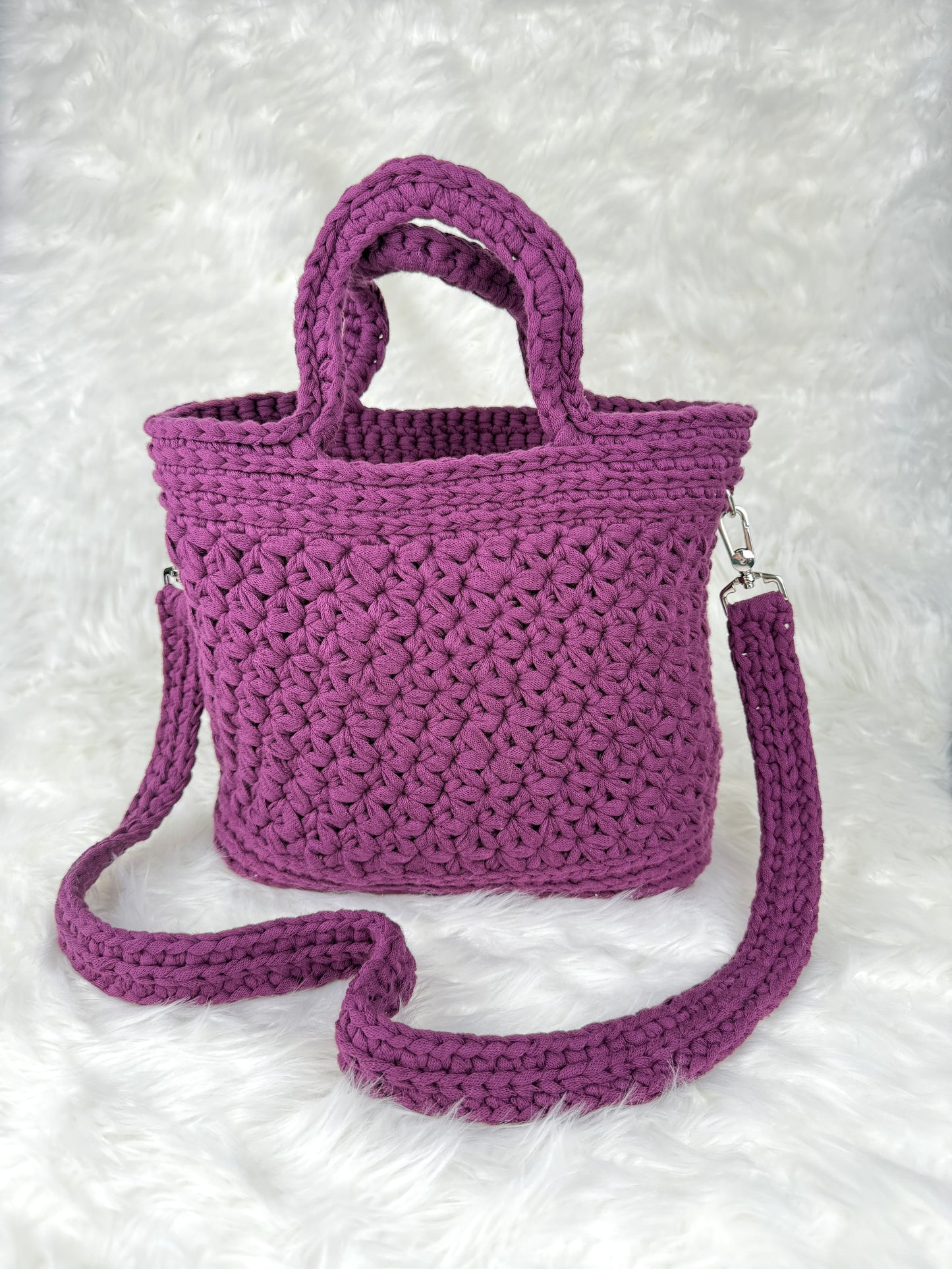 Handmade Crochet Purse with Floral Lining | Jasmine Stitch Cotton Bag with Leather Base