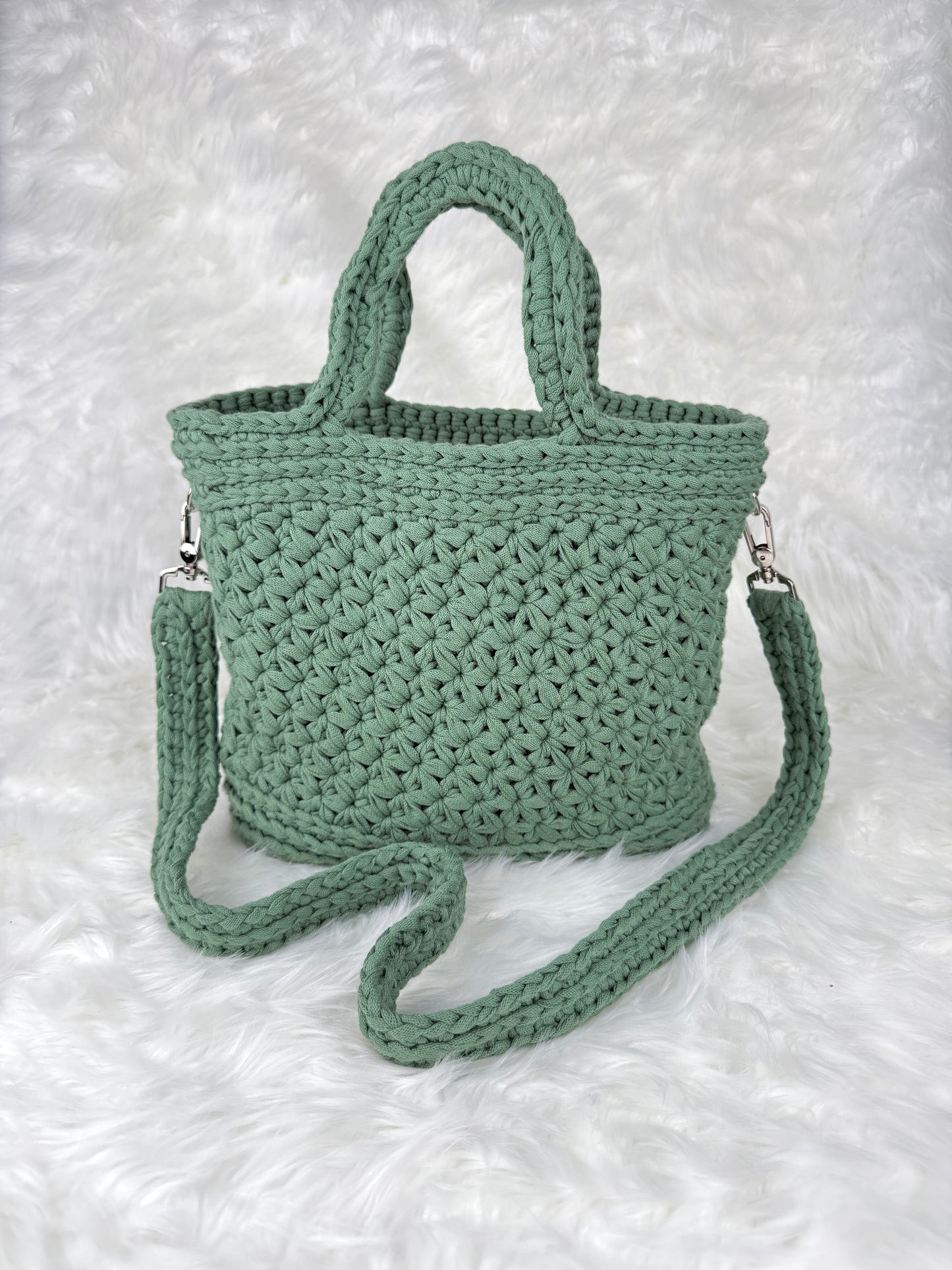 Handmade Crochet Purse with Floral Lining | Jasmine Stitch Cotton Bag with Leather Base