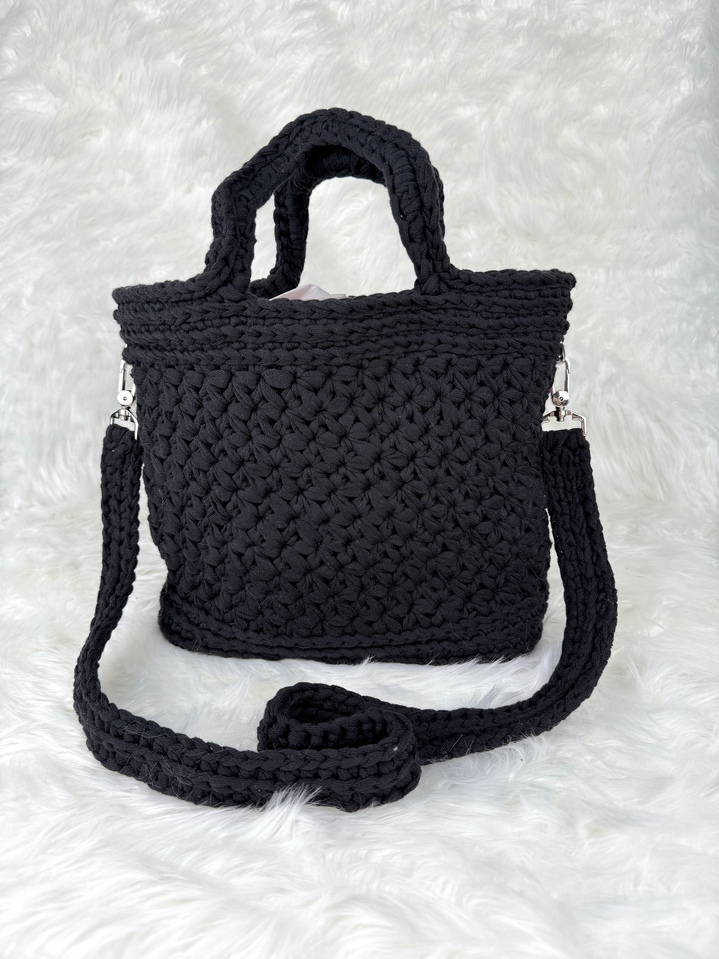 Handmade Crochet Purse with Floral Lining | Jasmine Stitch Cotton Bag with Leather Base