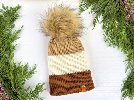 Custom Knitted Beanie | Adult Teen Personalized Winter Knit Hat | Beige + White + Brown Cap