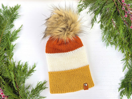 Custom Knitted Beanie | Adult Winter Knit Hat | Orange + White + Yellow Cap