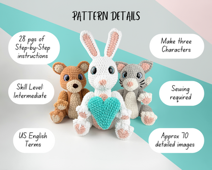 Amigos Crochet Pattern | Amigurumi Digital Download PDF Tutorial | Teddy Bear, Bunny and Cat