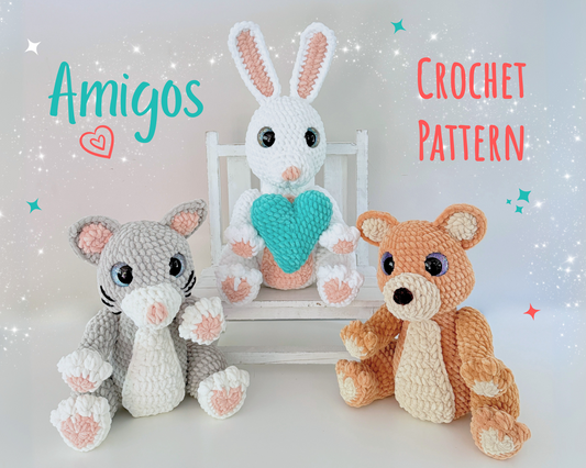 Amigos Crochet Pattern | Amigurumi Digital Download PDF Tutorial | Teddy Bear, Bunny and Cat