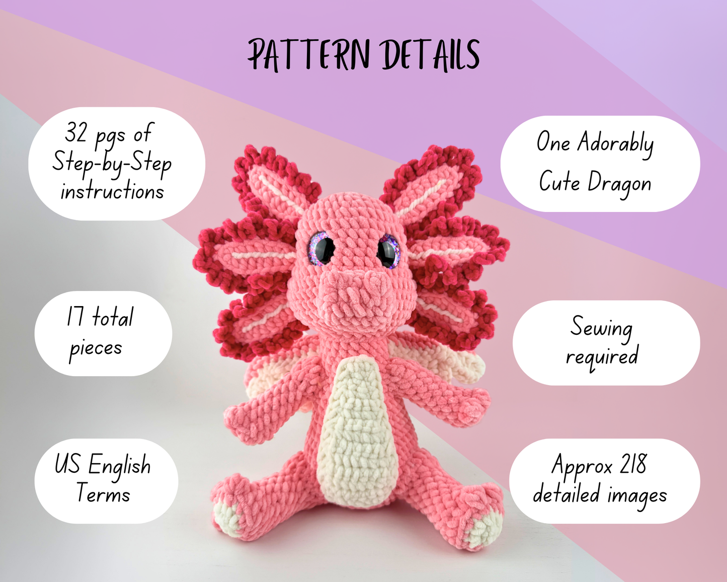 Axolotl Dragon Crochet Pattern | Amigurumi Digital Download PDF Tutorial | Rosalotl