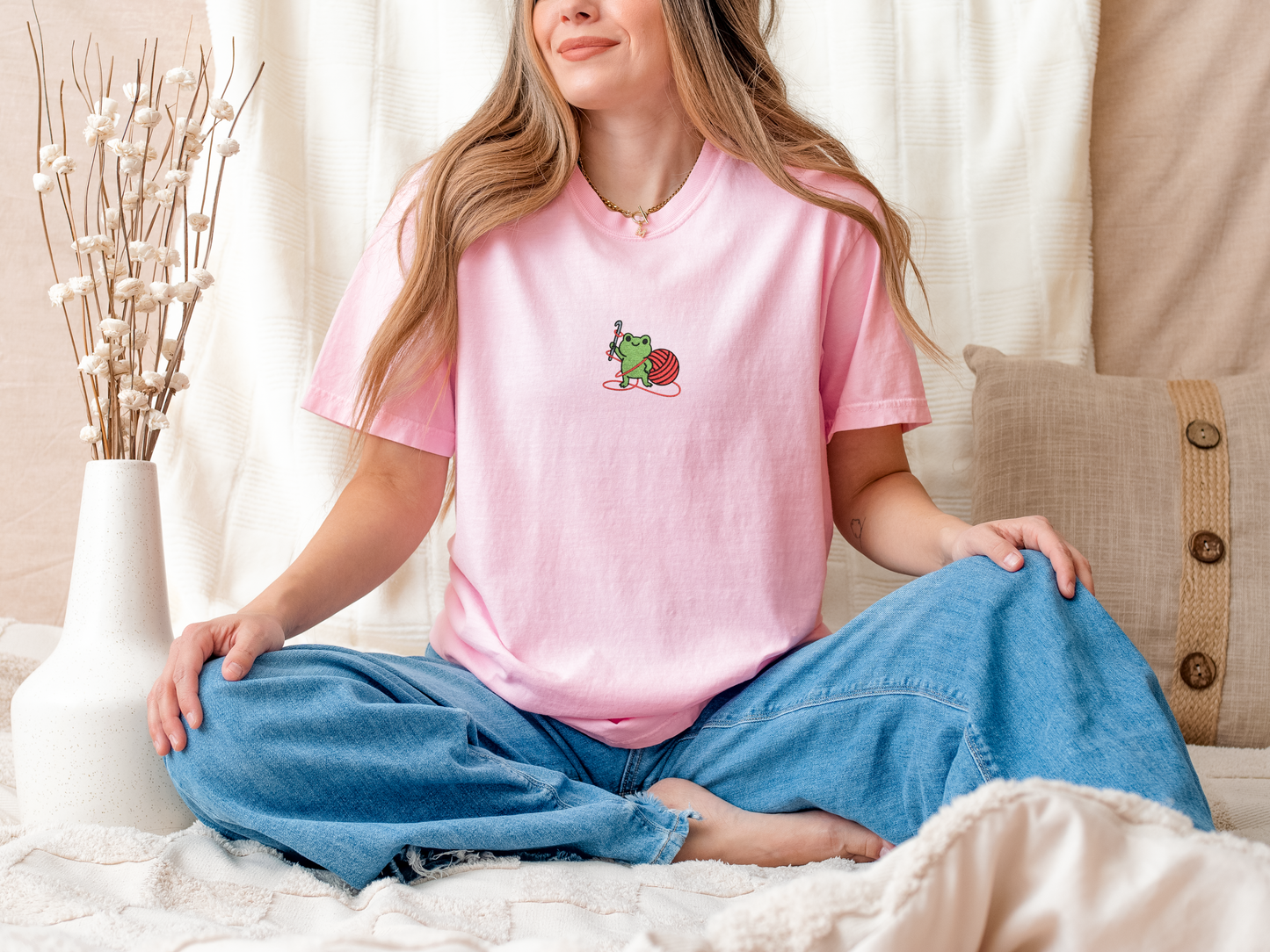 Embroidered Frog Graphic Shirt with Crochet Hook and Yarn